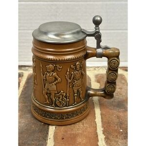 Vintage W. German Gerzit Beer Stein Pewter Hinge Lid Molded Men in Armor Knights